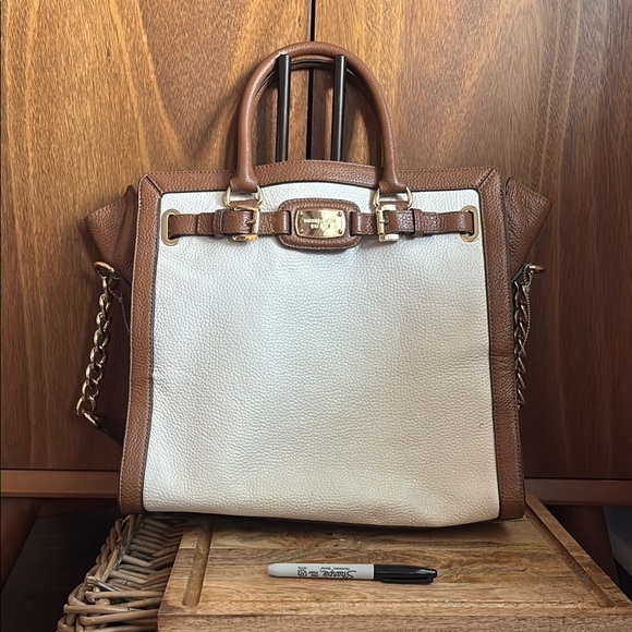 Michael Kors Handbags - Michael Kors Brown and White Shoulder Bag with Gold Accents